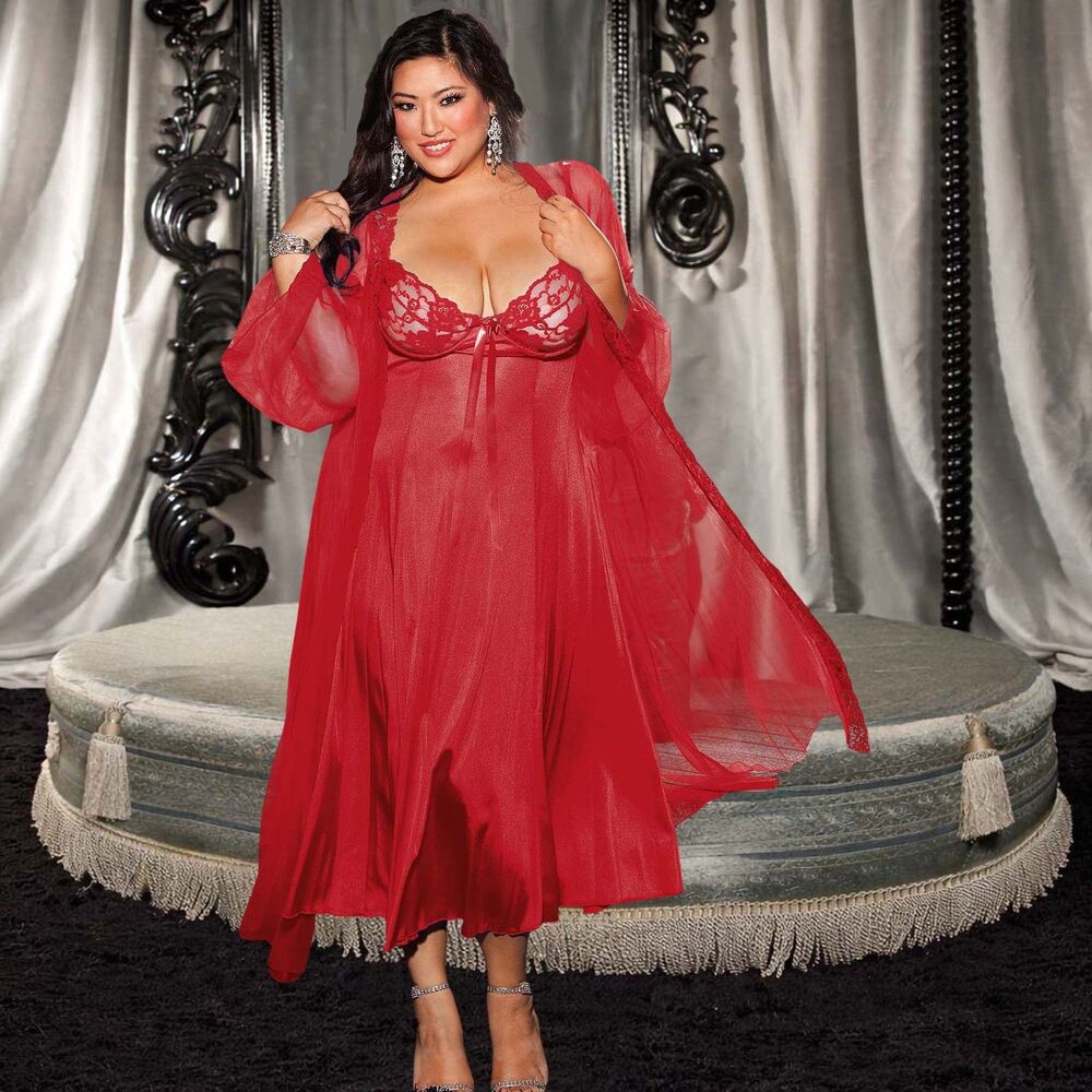 Shirley of Hollywood Plus Size Red Long Gown and Robe Peignoir Set 2X